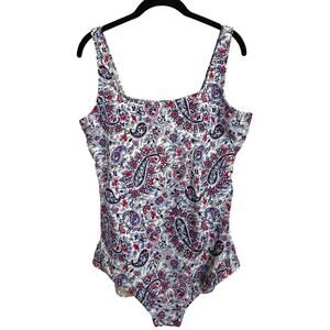 Lands End Paisley Floral‎ Blue Pink Sz Plus 18 Modest Women's One-Piece Swimsuit